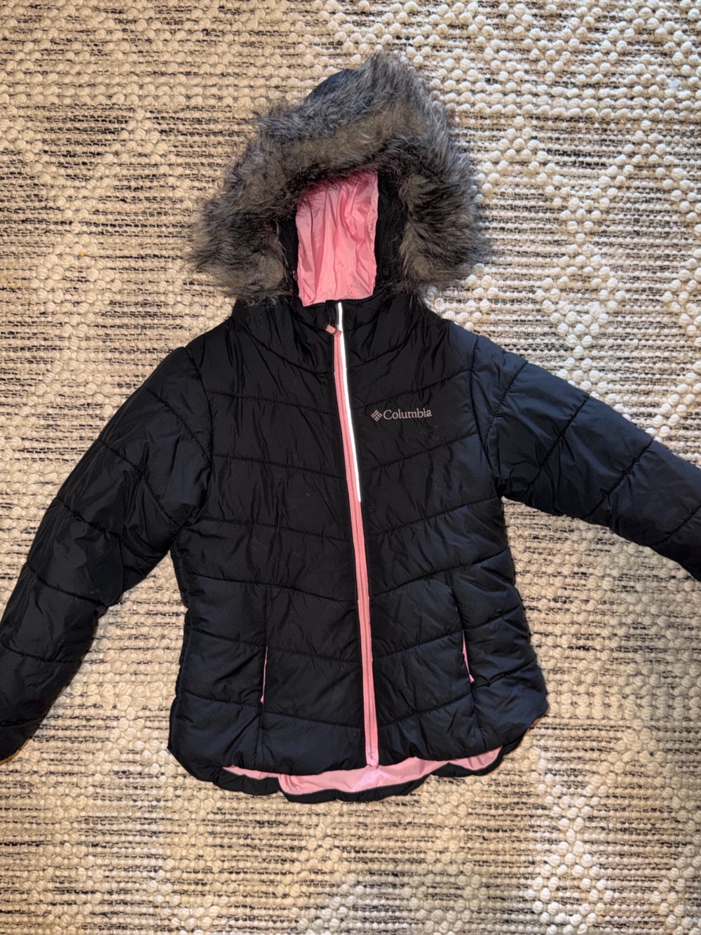 Columbia Black Puffer Jacket with Pink Lining and Faux Fur Hood